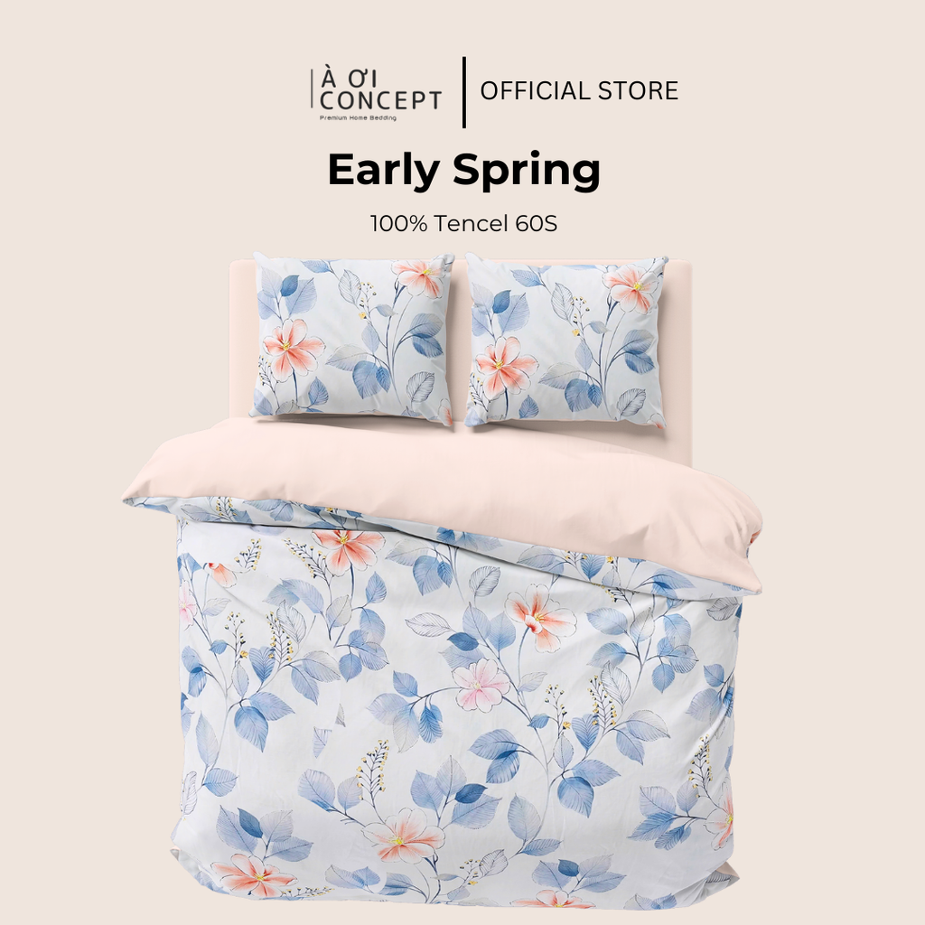 Bộ chăn ga gối Tencel hoạ tiết | 5 món | 160x200cm, 180x200cm, 200x220cm | Early Spring | Mát lạnh, Mềm mịn, Trơn mướt | CGTC0018 | À Ơi Concept