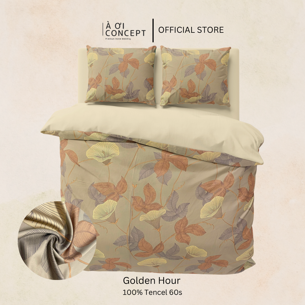 Bộ chăn ga gối Tencel hoạ tiết | 5 món | 160x200cm, 180x200cm, 200x220cm | Golden Hour | Mát lạnh, Mềm mịn, Trơn mướt | CGTC0020 | À Ơi Concept