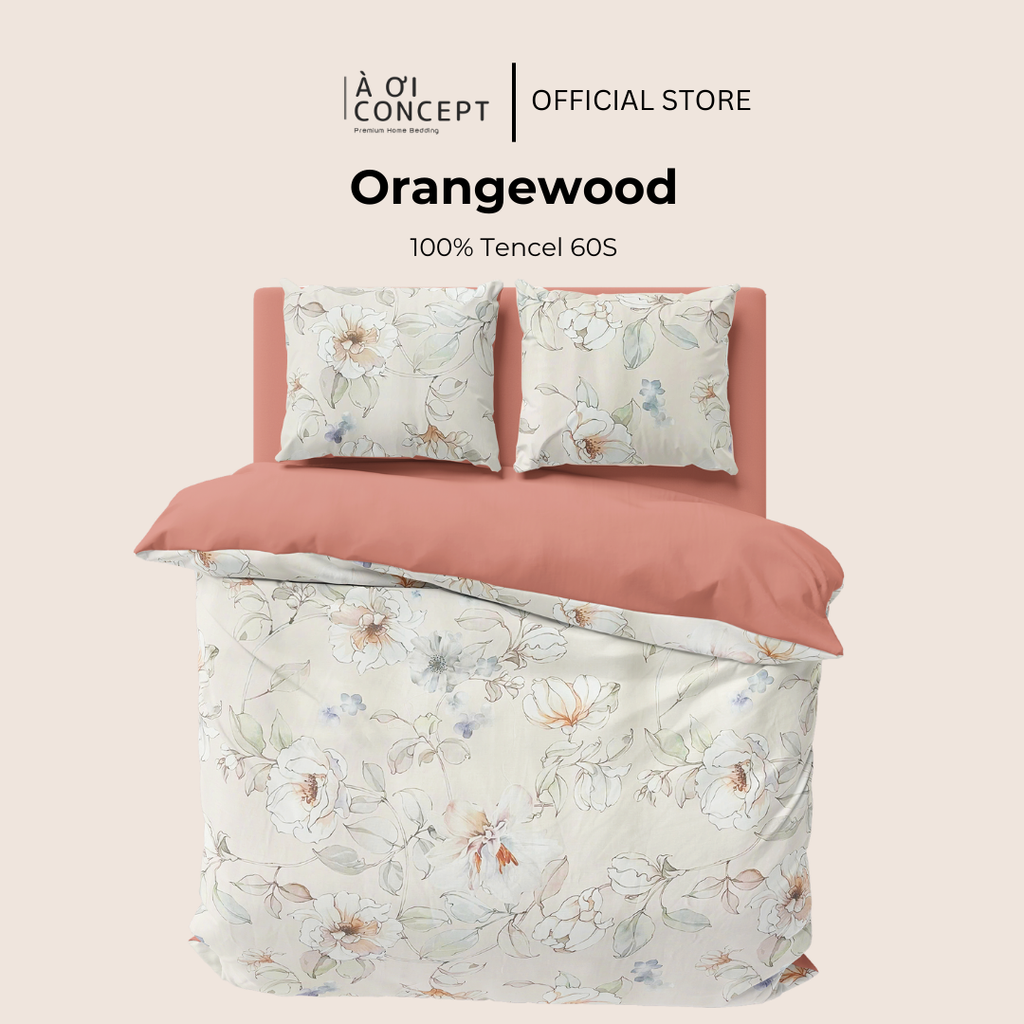 Bộ chăn ga gối Tencel hoạ tiết | 5 món | 160x200cm, 180x200cm, 200x220cm | Orangewood | Mát lạnh, Mềm mịn, Trơn mướt | CGTC0030 | À Ơi Concept