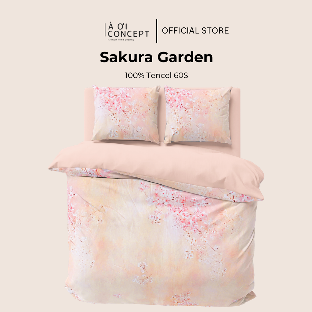 Bộ chăn ga gối Tencel hoạ tiết | 5 món | 160x200cm, 180x200cm, 200x220cm | Sakura Garden | Mát lạnh, Mềm mịn, Trơn mướt | CGTC0032 | À Ơi Concept