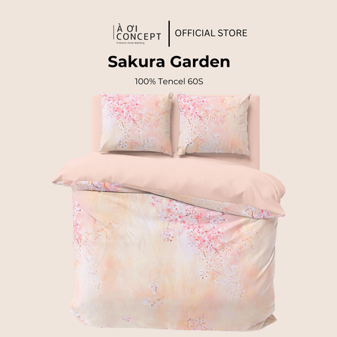  Bộ chăn ga gối Tencel hoạ tiết | 5 món | 160x200cm, 180x200cm, 200x220cm | Sakura Garden | Mát lạnh, Mềm mịn, Trơn mướt | CGTC0032 | À Ơi Concept 