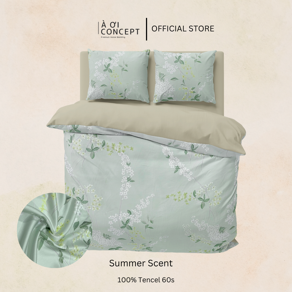 Bộ chăn ga gối Tencel hoạ tiết | 5 món | 160x200cm, 180x200cm, 200x220cm | Summer Scent | Mát lạnh, Mềm mịn, Trơn mướt | CGTC0034 | À Ơi Concept