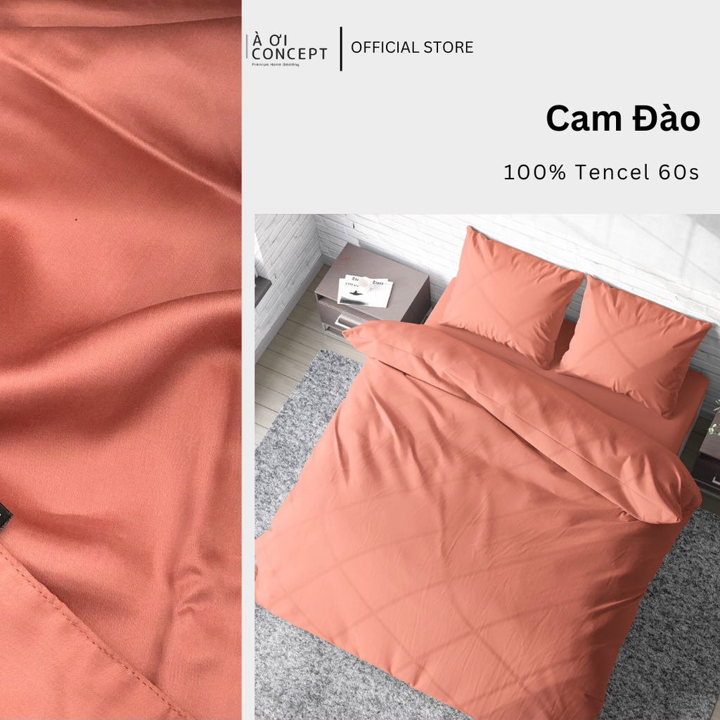 Bộ chăn ga gối Tencel Trơn | 5 món | 160x200cm, 180x200cm, 200x220cm | Cam Đào | Mát lạnh, Mềm mịn, Trơn mướt | CGT0016 | À Ơi Concept