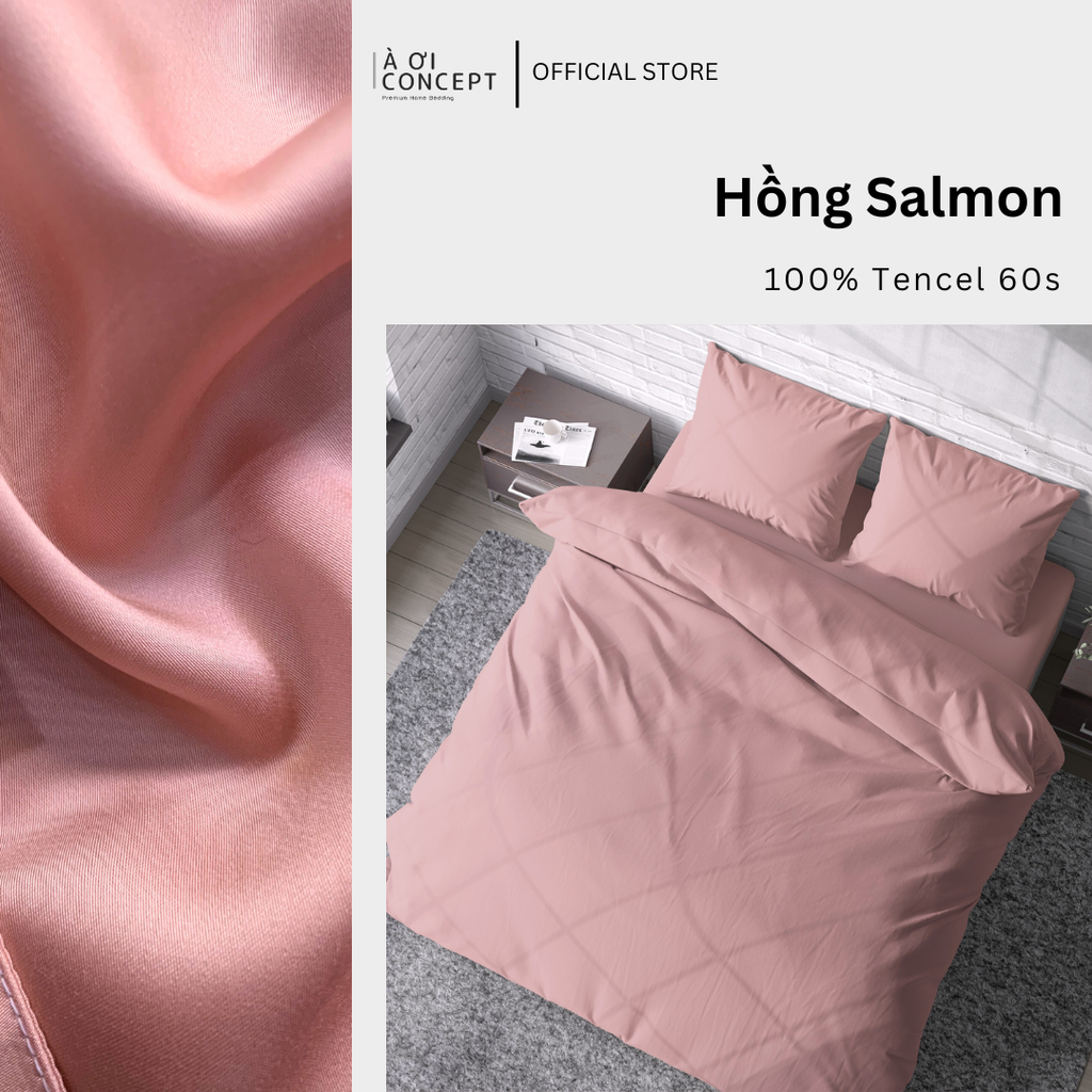 Bộ chăn ga gối Tencel Trơn | 5 món | 160x200cm, 180x200cm, 200x220cm | Hồng Salmon | Mát lạnh, Mềm mịn, Trơn mướt | CGT0019 | À Ơi Concept