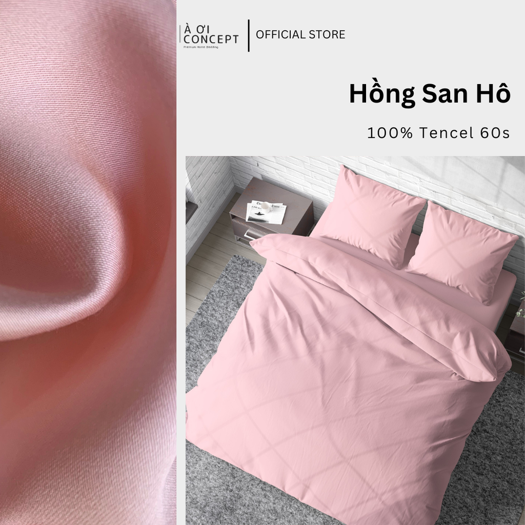 Bộ chăn ga gối Tencel Trơn | 5 món | 160x200cm, 180x200cm, 200x220cm | Hồng san hô | Mát lạnh, Mềm mịn, Trơn mướt | CGT0001 | À Ơi Concept