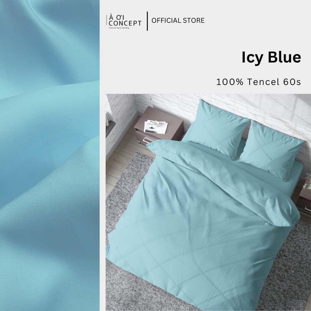 Bộ chăn ga gối Tencel Trơn | 5 món | 160x200cm, 180x200cm, 200x220cm | Icy Blue | Mát lạnh, Mềm mịn, Trơn mướt | CGT0020 | À Ơi Concept