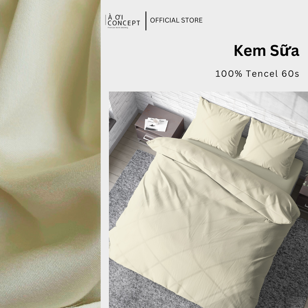 Bộ chăn ga gối Tencel Trơn | 5 món | 160x200cm, 180x200cm, 200x220cm | Kem sữa | Mát lạnh, Mềm mịn, Trơn mướt | CGT0002 | À Ơi Concept