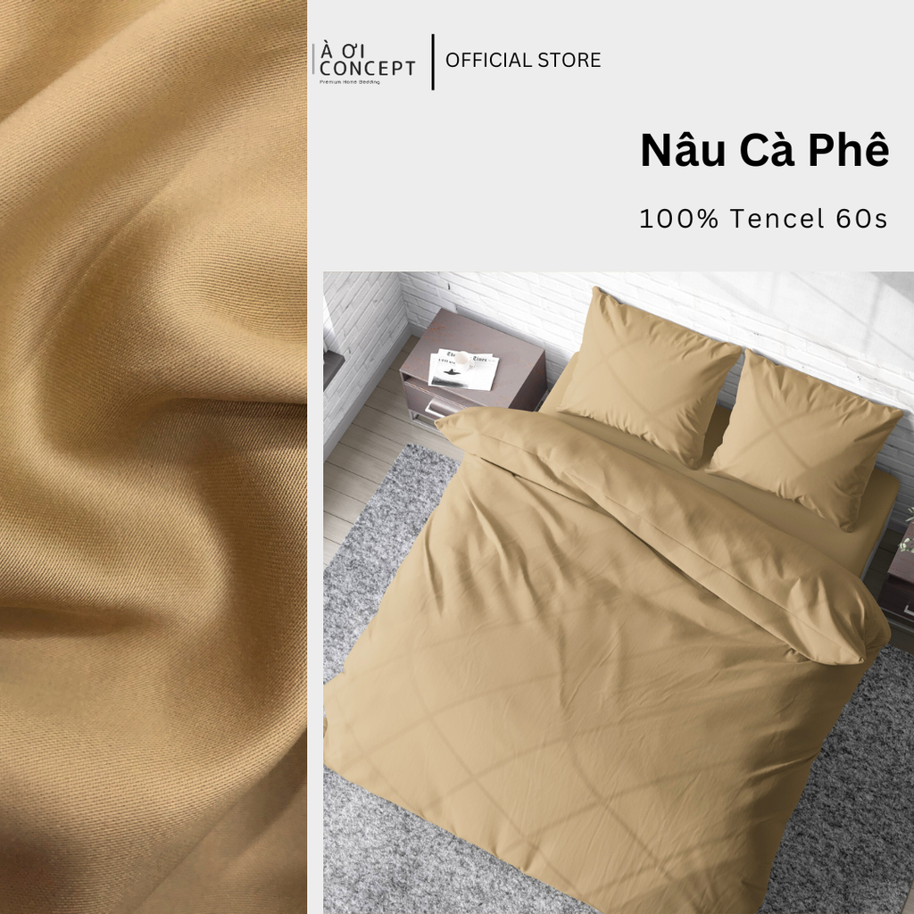Bộ chăn ga gối Tencel Trơn | 5 món | 160x200cm, 180x200cm, 200x220cm | Nâu Cà Phê | Mát lạnh, Mềm mịn, Trơn mướt | CGT0021 | À Ơi Concept