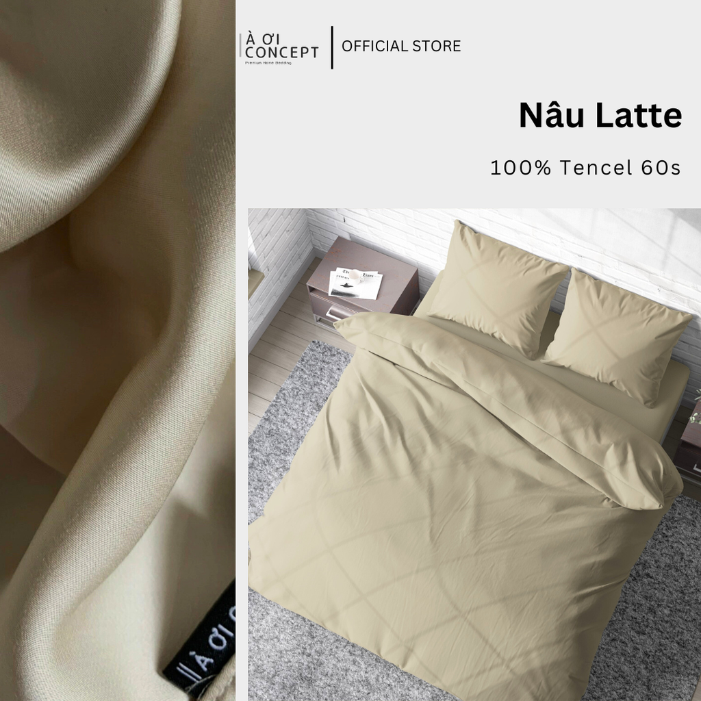 Bộ chăn ga gối Tencel Trơn | 5 món | 160x200cm, 180x200cm, 200x220cm | Nâu Latte | Mát lạnh, Mềm mịn, Trơn mướt | CGT0022 | À Ơi Concept