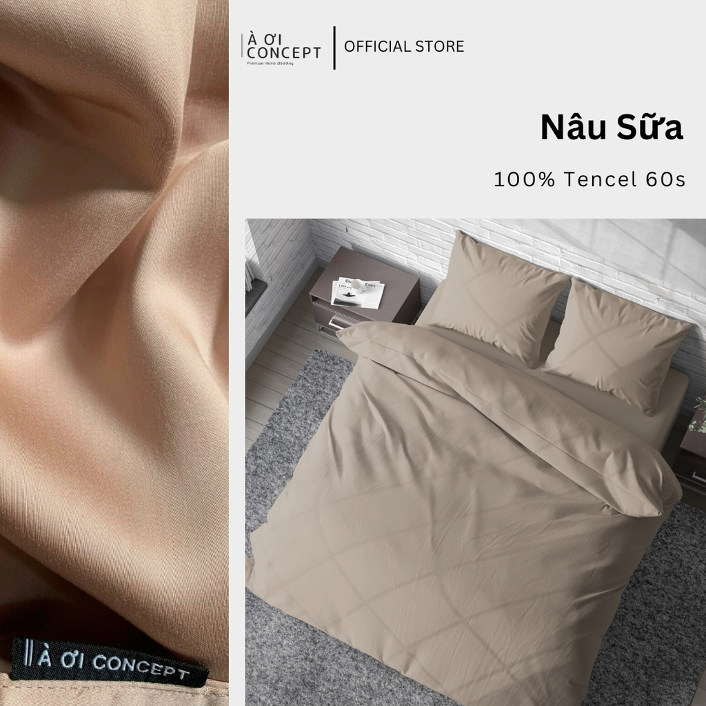 Bộ chăn ga gối Tencel Trơn | 5 món | 160x200cm, 180x200cm, 200x220cm | Nâu Sữa | Mát lạnh, Mềm mịn, Trơn mướt | CGT0023 | À Ơi Concept