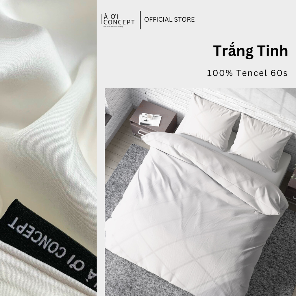 Bộ chăn ga gối Tencel Trơn | 5 món | 160x200cm, 180x200cm, 200x220cm | Trắng Tinh | Mát lạnh, Mềm mịn, Trơn mướt | CGT0009 | À Ơi Concept