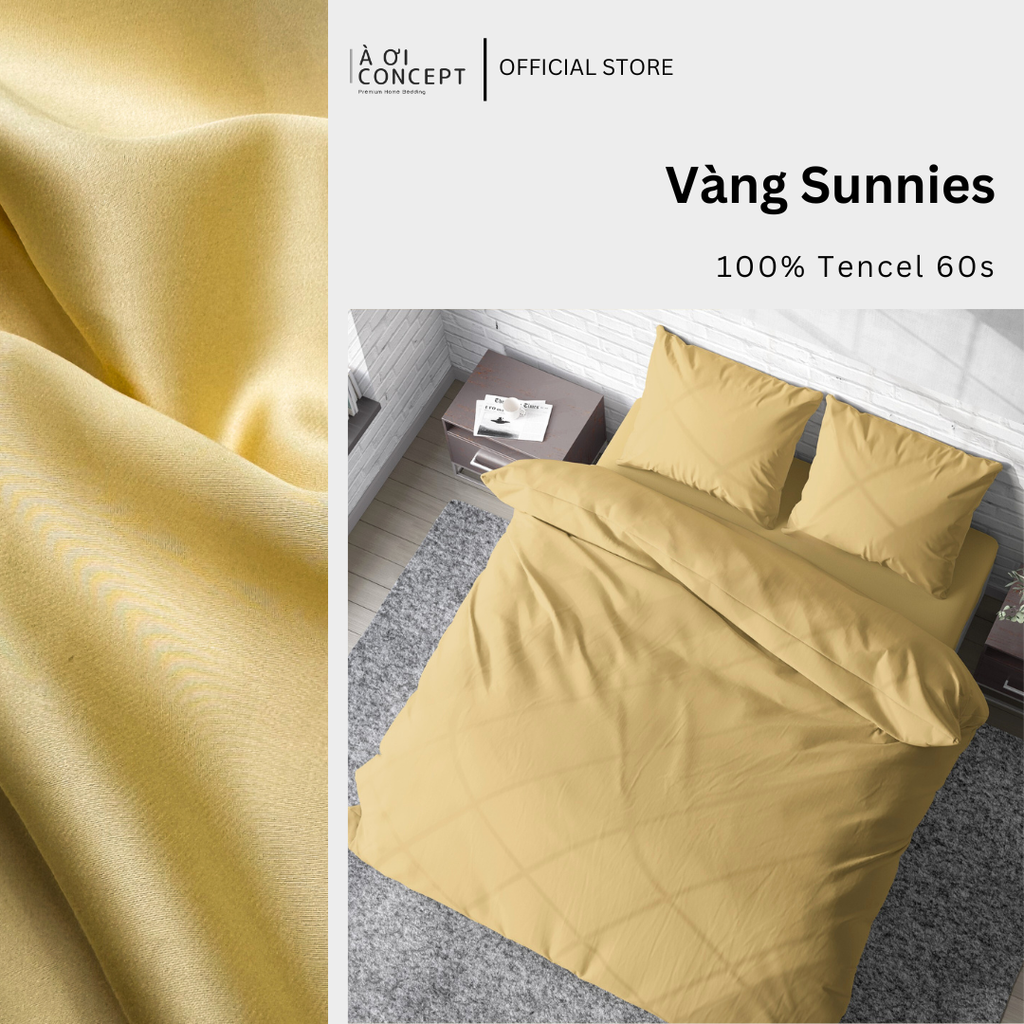 Bộ chăn ga gối Tencel Trơn | 5 món | 160x200cm, 180x200cm, 200x220cm | Vàng Sunnies | Mát lạnh, Mềm mịn, Trơn mướt | CGT0027 | À Ơi Concept