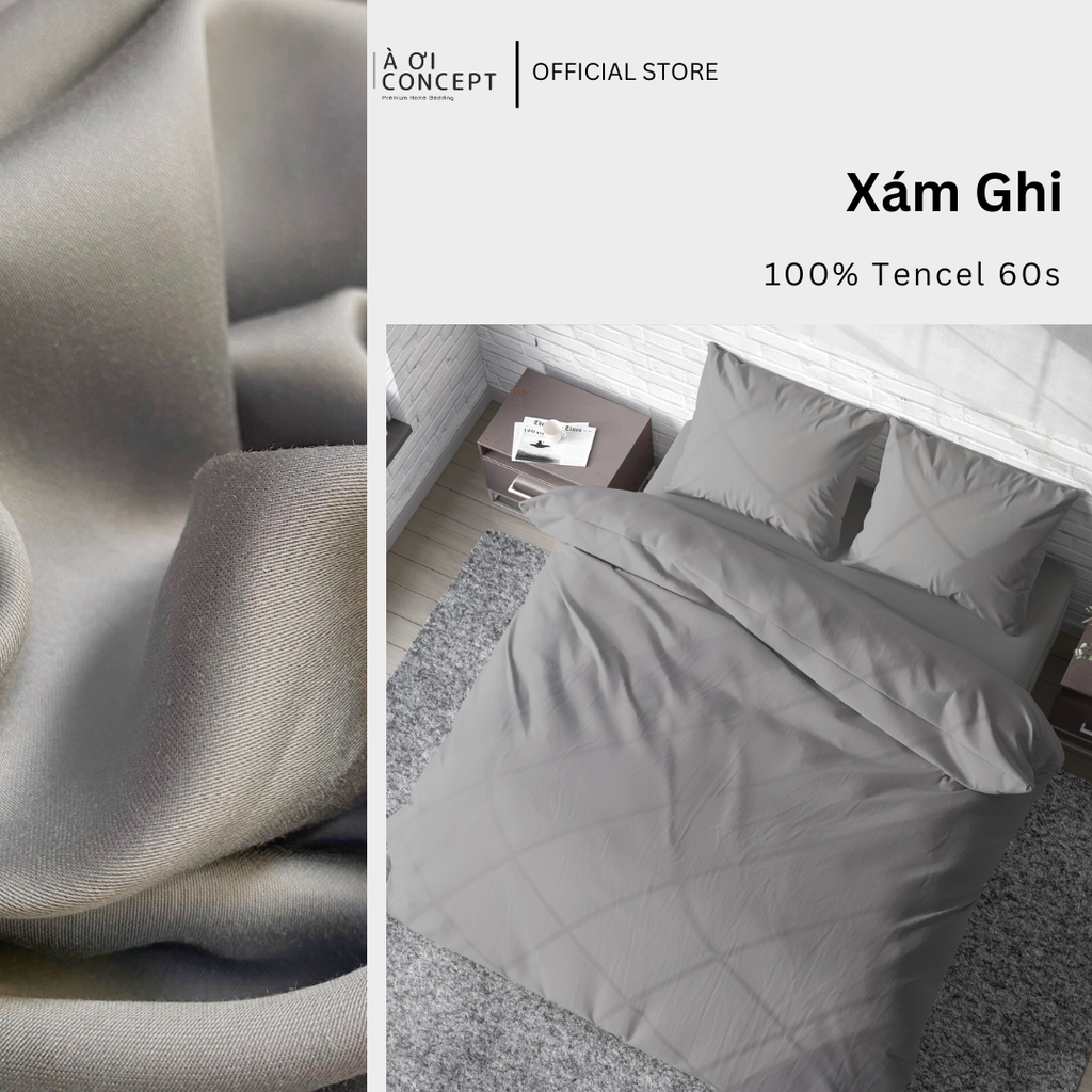 Bộ chăn ga gối Tencel Trơn | 5 món | 160x200cm, 180x200cm, 200x220cm | Xám Ghi | Mát lạnh, Mềm mịn, Trơn mướt | CGT0005 | À Ơi Concept