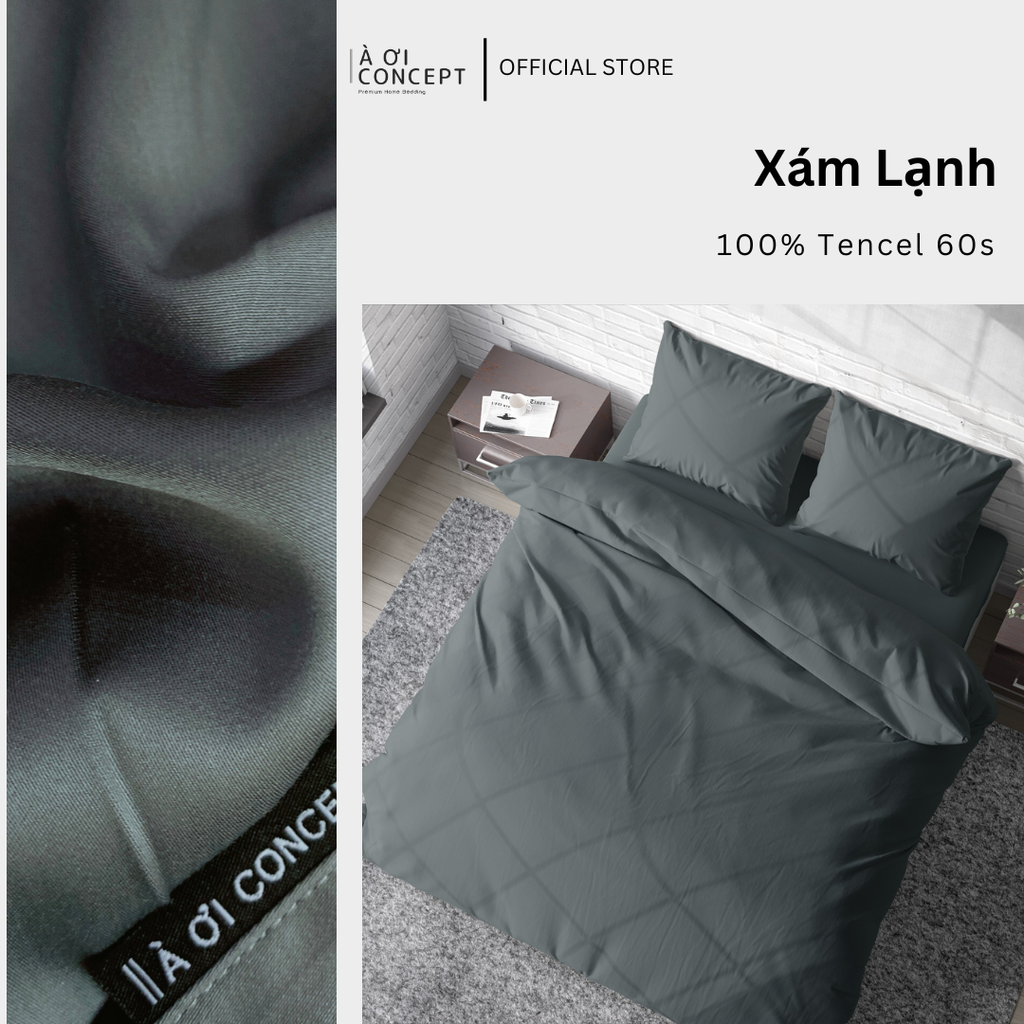 Bộ chăn ga gối Tencel Trơn | 5 món | 160x200cm, 180x200cm, 200x220cm | Xám Lạnh | Mát lạnh, Mềm mịn, Trơn mướt | CGT0006 | À Ơi Concept