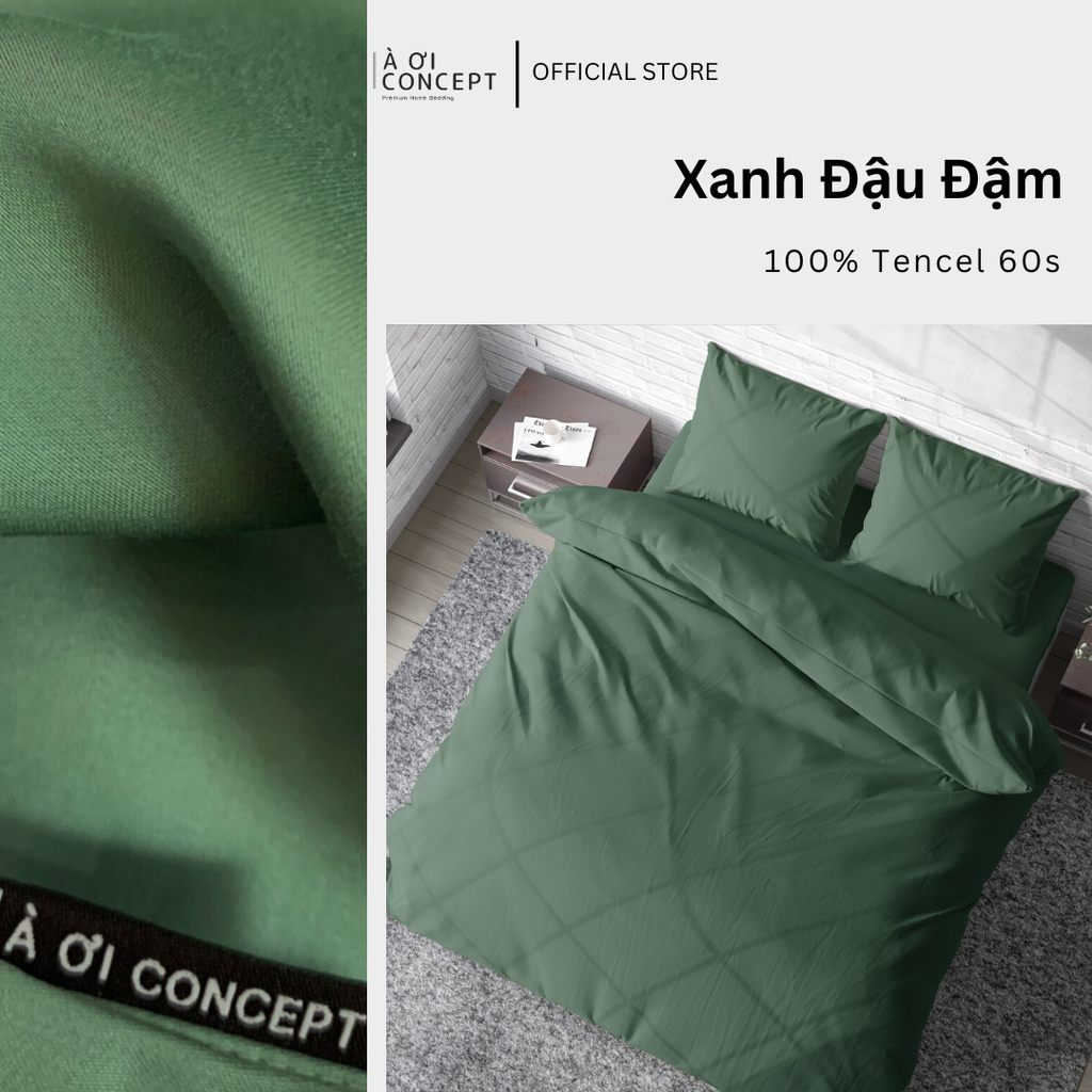 Bộ chăn ga gối Tencel Trơn | 5 món | 160x200cm, 180x200cm, 200x220cm | Xanh Đậu Đậm | Mát lạnh, Mềm mịn, Trơn mướt | CGT0024 | À Ơi Concept