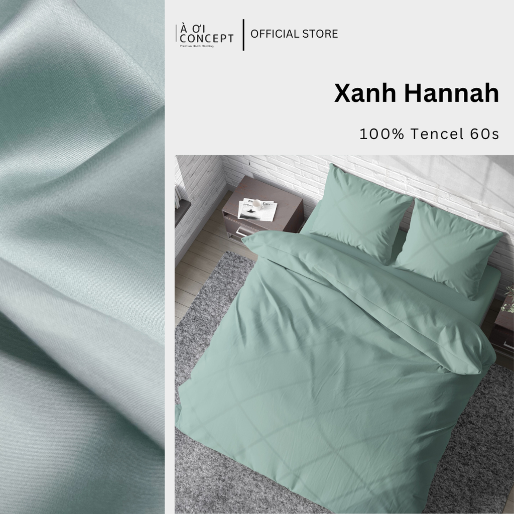 Bộ chăn ga gối Tencel Trơn | 5 món | 160x200cm, 180x200cm, 200x220cm | Xanh Hannah | Mát lạnh, Mềm mịn, Trơn mướt | CGT0029 | À Ơi Concept