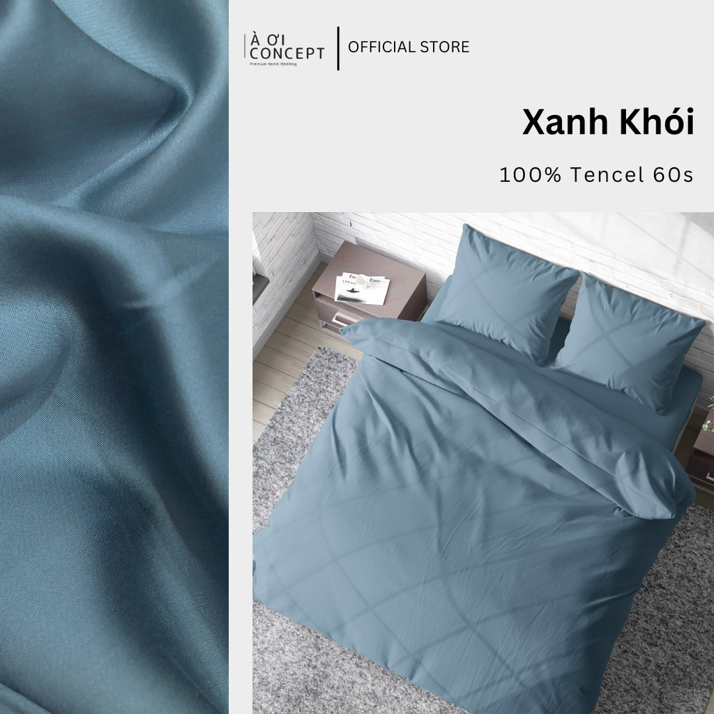Bộ chăn ga gối Tencel Trơn | 5 món | 160x200cm, 180x200cm, 200x220cm | Xanh Khói | Mát lạnh, Mềm mịn, Trơn mướt | CGT0017 | À Ơi Concept