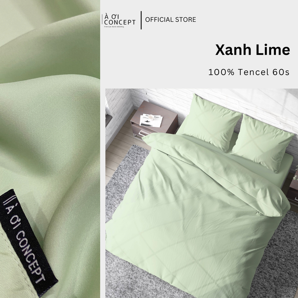 Bộ chăn ga gối Tencel Trơn | 5 món | 160x200cm, 180x200cm, 200x220cm | Xanh Lime | Mát lạnh, Mềm mịn, Trơn mướt | CGT0007 | À Ơi Concept