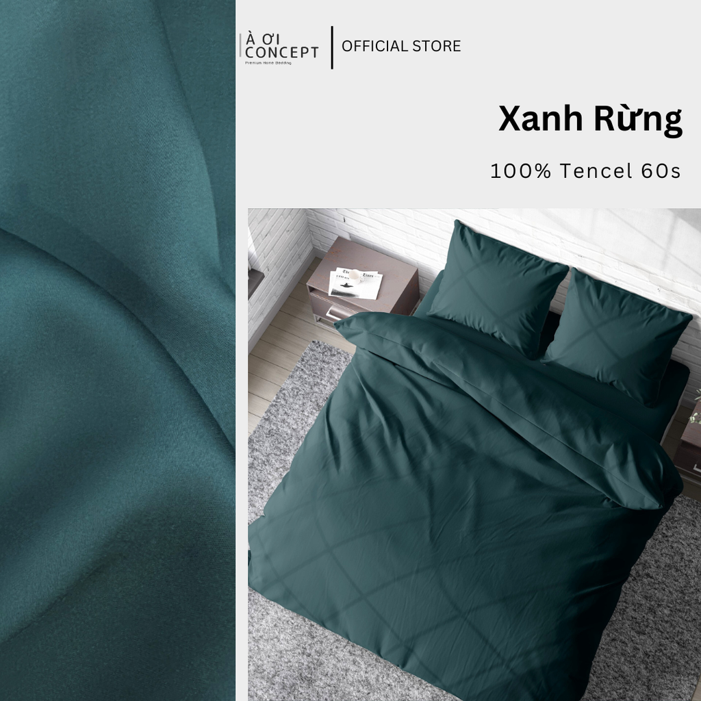 Bộ chăn ga gối Tencel Trơn | 5 món | 160x200cm, 180x200cm, 200x220cm | Xanh Rừng | Mát lạnh, Mềm mịn, Trơn mướt | CGT0008 | À Ơi Concept