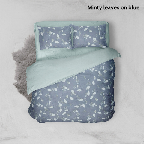  Bộ chăn ga gối Cotton hoạ tiết | 5 món | 160x200cm, 180x200cm, 200x220cm | Minty Leaves On Blue | Mềm mịn, Mát, Thoáng khí | CGCT0017 | À Ơi Concept 