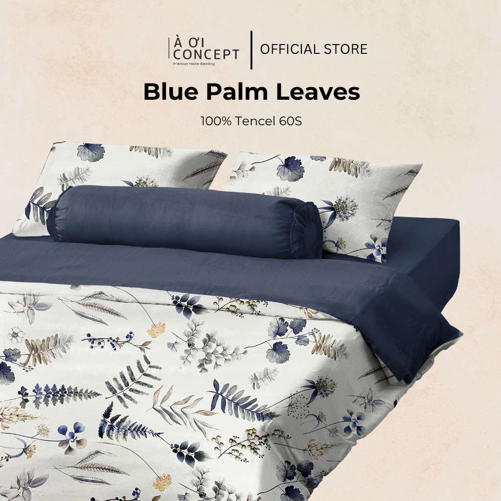 Bộ chăn ga gối Tencel hoạ tiết | 5 món | 160x200cm, 180x200cm, 200x220cm | Blue Palm Leaves | Mát lạnh, Mềm mịn, Trơn mướt | CGTC0006 | À Ơi Concept