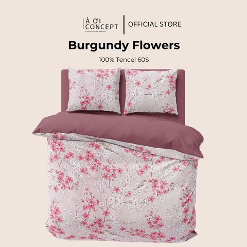  Bộ chăn ga gối Tencel hoạ tiết | 5 món | 160x200cm, 180x200cm, 200x220cm | Burgundy Flowers | Mát lạnh, Mềm mịn, Trơn mướt | CGTC0040 | À Ơi Concept 