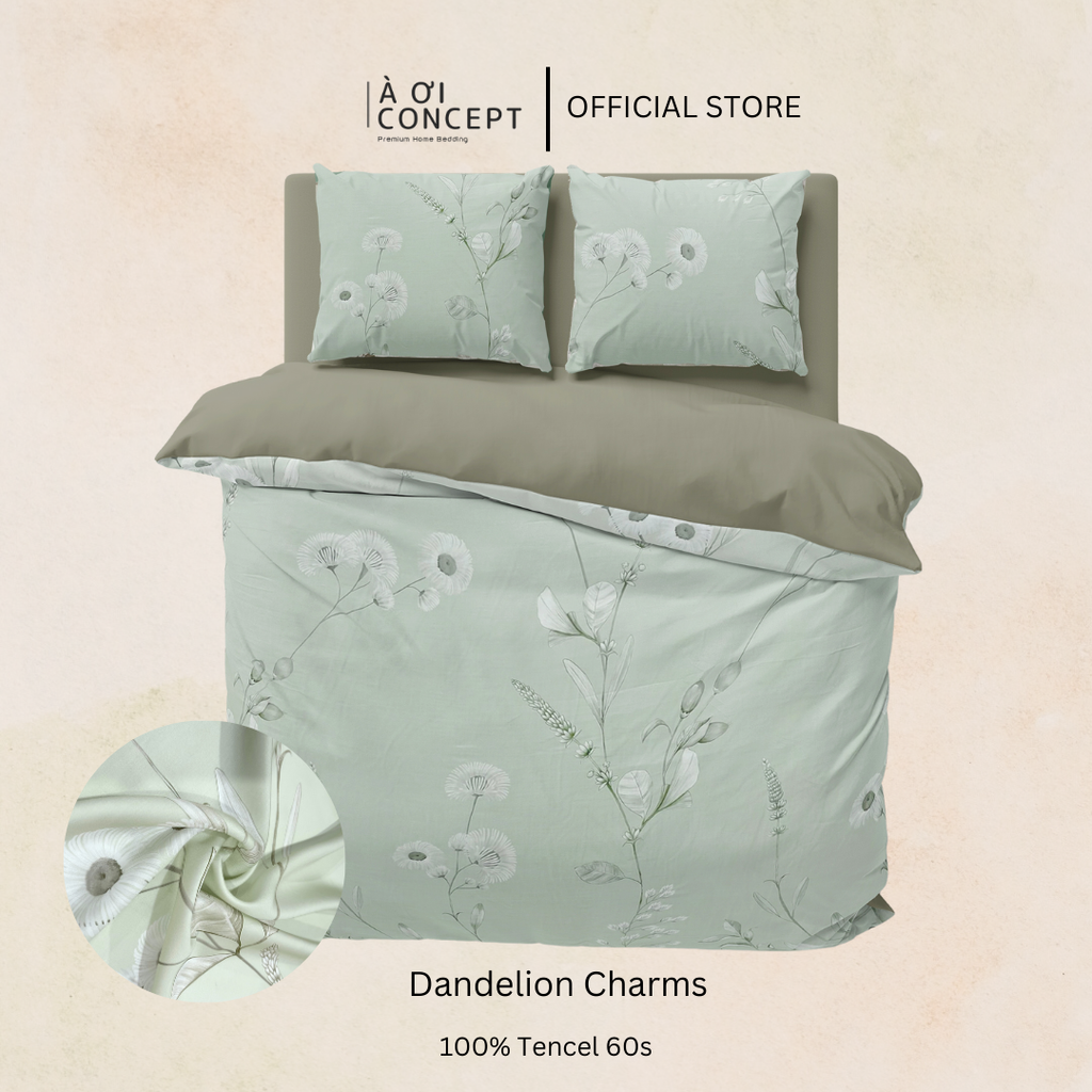 Bộ chăn ga gối Tencel hoạ tiết | 5 món | 160x200cm, 180x200cm, 200x220cm | Dandelion Charms | Mát lạnh, Mềm mịn, Trơn mướt | CGTC0012 | À Ơi Concept