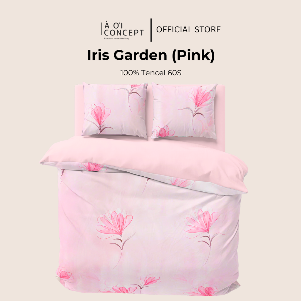Bộ chăn ga gối Tencel hoạ tiết | 5 món | 160x200cm, 180x200cm, 200x220cm | Iris Garden (Pink) | Mát lạnh, Mềm mịn, Trơn mướt | CGTC0023 | À Ơi Concept