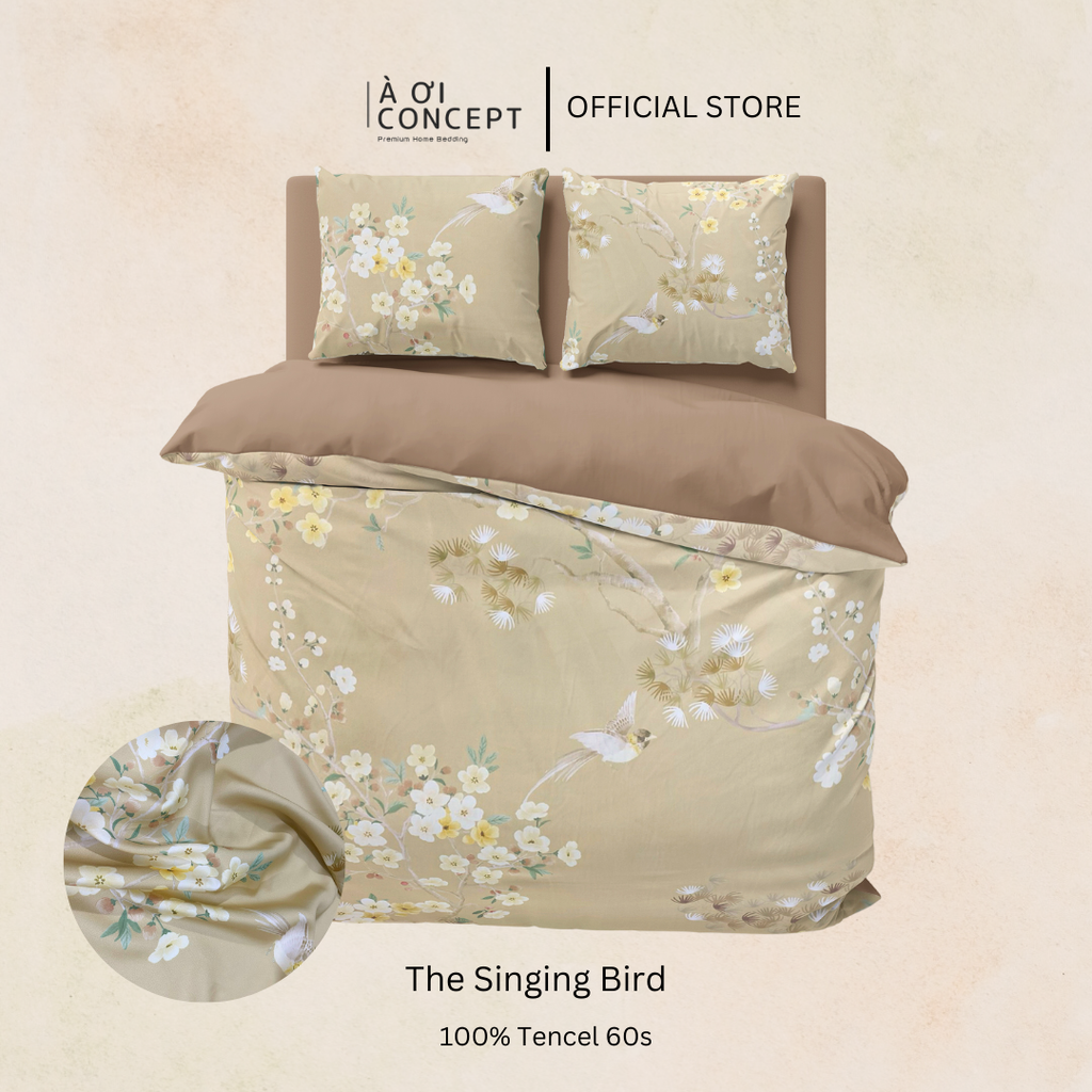 Bộ chăn ga gối Tencel hoạ tiết | 5 món | 160x200cm, 180x200cm, 200x220cm | The Singing Bird | Mát lạnh, Mềm mịn, Trơn mướt | CGTC0036 | À Ơi Concept