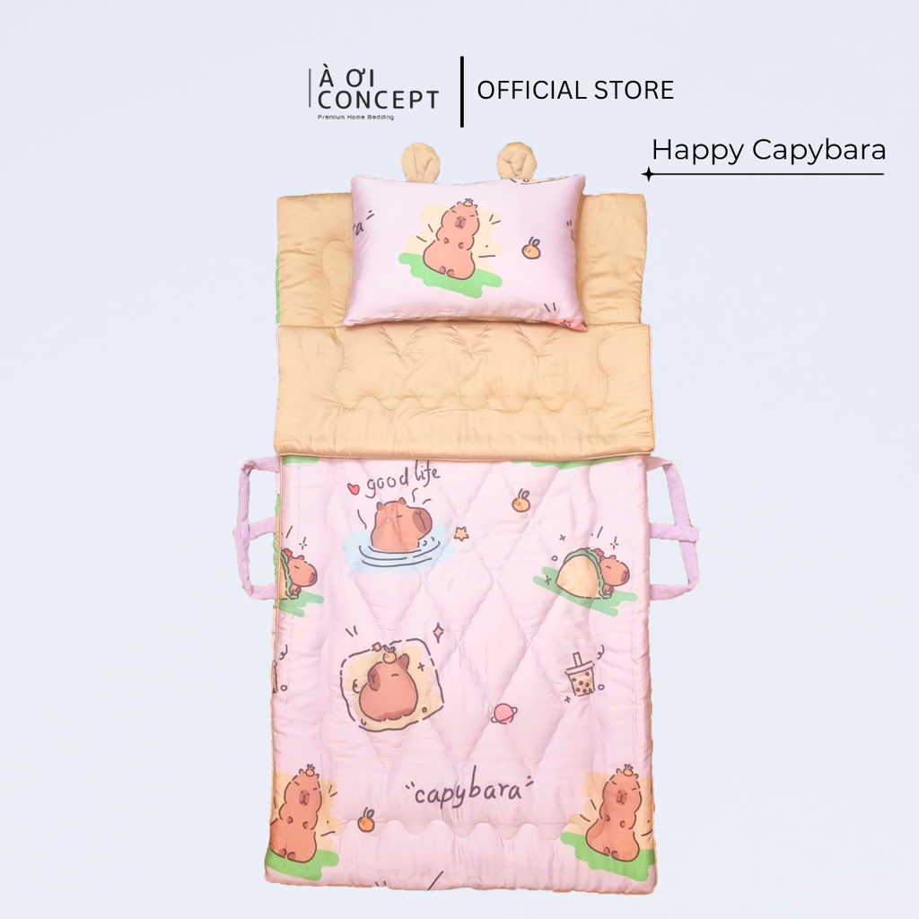 Bộ chăn gối nệm cho bé Tencel 60s, Họa tiết [ Happy Capybara] À ƠI CONCEPT CGCB0038