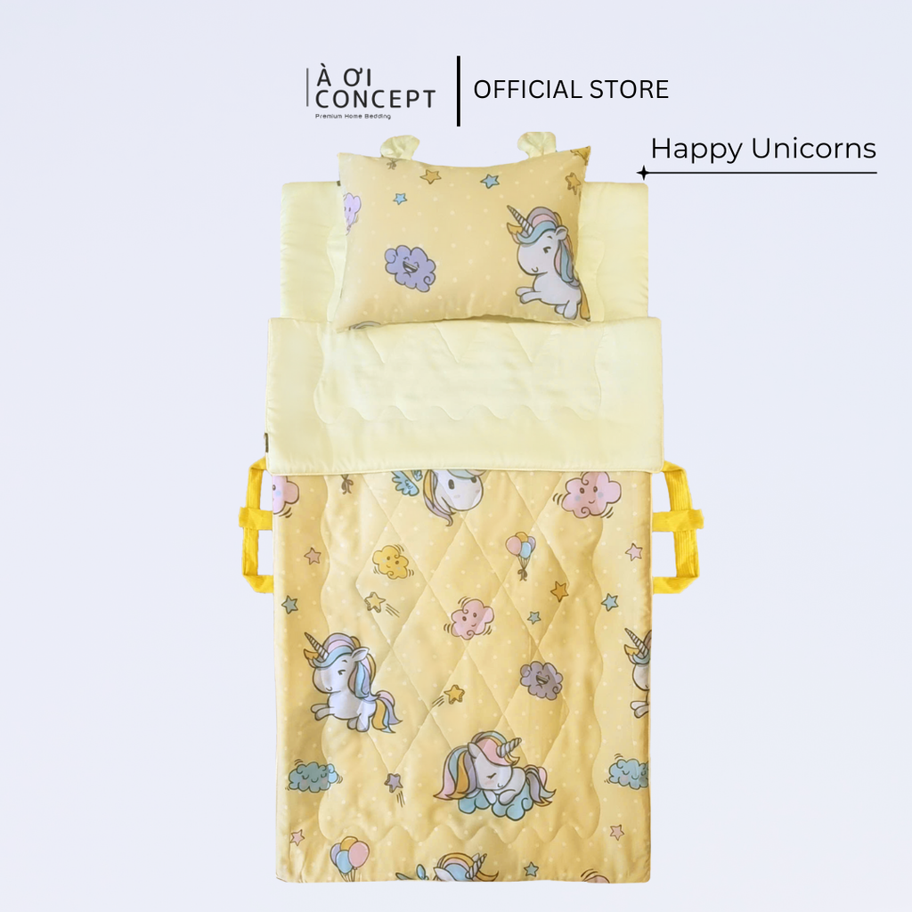 Bộ chăn gối nệm cho bé Tencel 60s, Họa tiết [ Happy Unicorns] À ƠI CONCEPT CGCB0040
