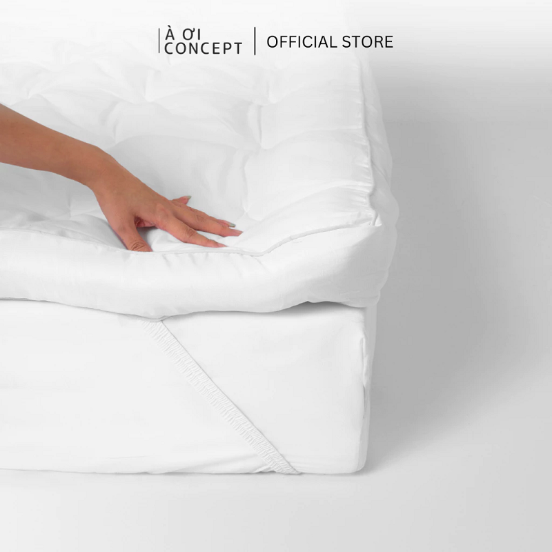 Tấm topper nệm Ô vuông | Gòn Microfiber | Dày 5 - 10cm | 1m2 - 2m2 | Vỏ cotton | Màu trắng | TP0001 | À Ơi Concept