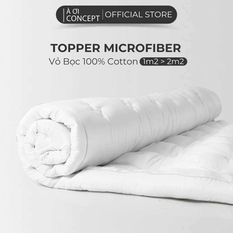 Tấm topper nệm Ô vuông | Gòn Microfiber | Dày 5 - 10cm | 1m2 - 2m2 | Vỏ cotton | Màu trắng | TP0001 | À Ơi Concept