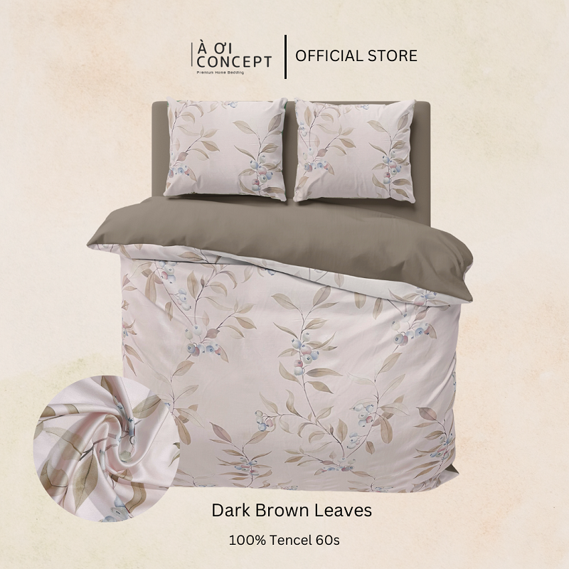 Bộ phòng ngủ Tencel hoạ tiết | 5 món | 160x200cm, 180x200cm, 200x220cm | Dark Brown Leaves | Mát lạnh, Mềm mịn, Trơn mướt | CGTC0001 | À Ơi Concept