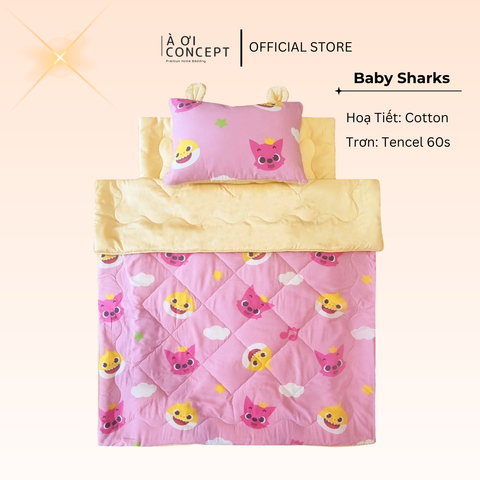  Bộ chăn gối nệm cho bé ( Mền lớn) Tencel 60s, Họa tiết Cotton [ Baby Sharks] 