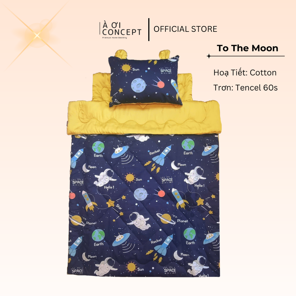 Bộ chăn gối nệm cho bé ( Mền lớn) Tencel 60s, Họa tiết Cotton [ To The Moon] À ƠI CONCEPT CGCB0075