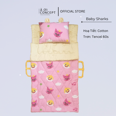  Bộ chăn gối nệm cho bé Tencel 60s, Họa tiết Cotton [ Baby Sharks] 