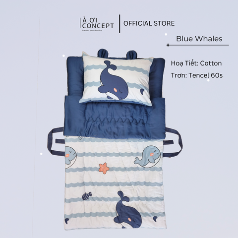  Bộ chăn gối nệm cho bé Tencel 60s, Họa tiết Cotton [ Blue Whales] À ƠI CONCEPT CGCB0027 