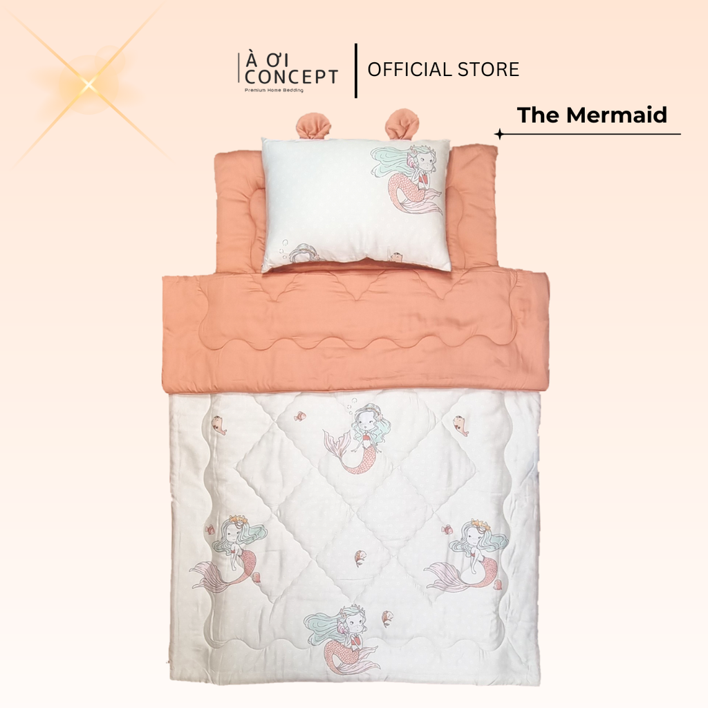 Bộ chăn gối nệm cho bé ( Mền lớn) Tencel 60s, Họa tiết Cotton [ ML The Mermaid] À ƠI CONCEPT CGCB0069