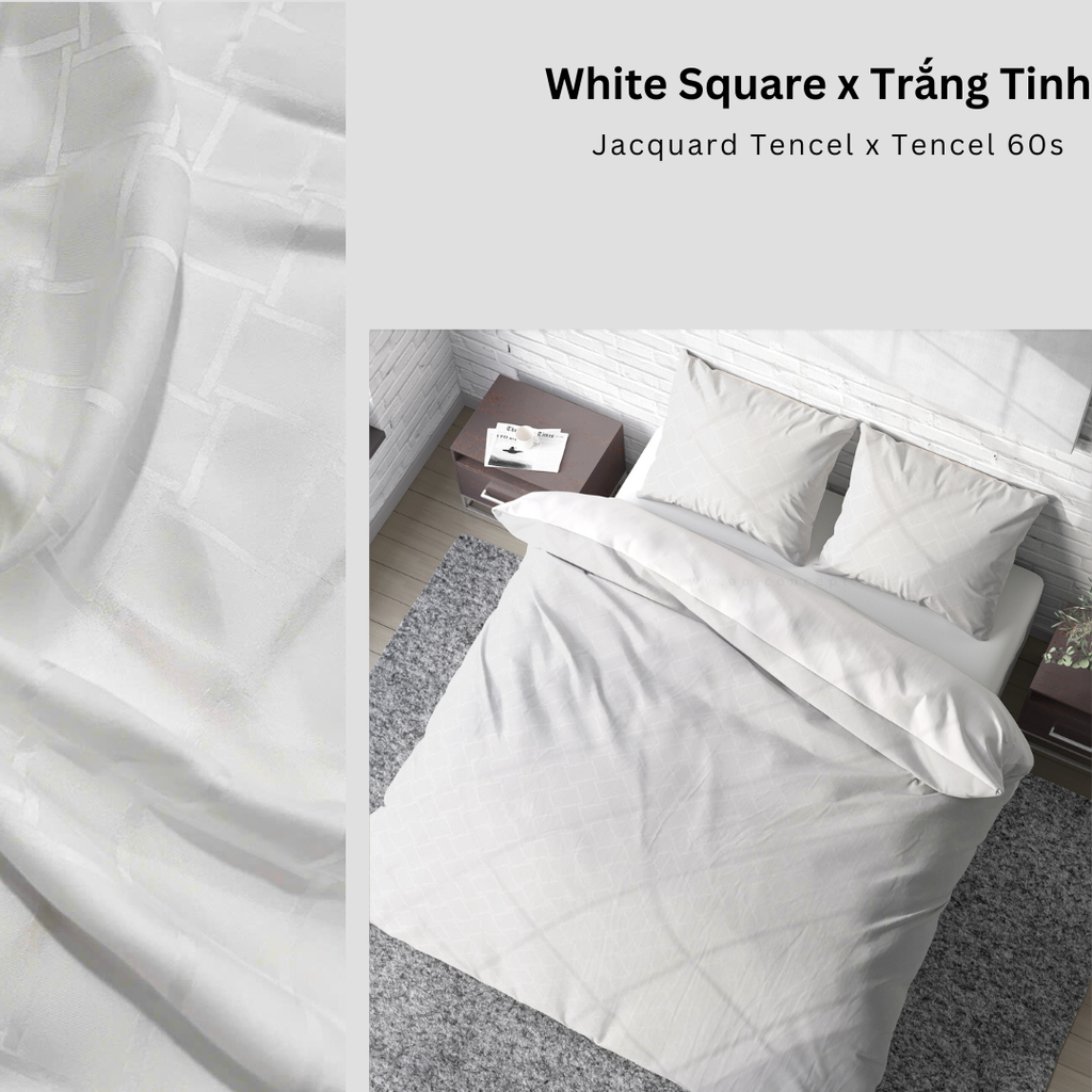 Bộ chăn ga gối | Tencel dệt kim | 5 món | 160x200cm, 180x200cm, 200x220cm | White Square x Trắng Tinh | Mềm mại, Kháng khuẩn, Thấm hút | CGDK0024 | À Ơi Concept