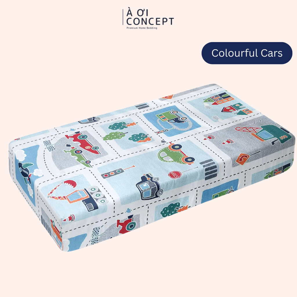 Ga giường cho bé Cotton, Họa tiết [ Colourful Cars] À ƠI CONCEPT CGCB0138