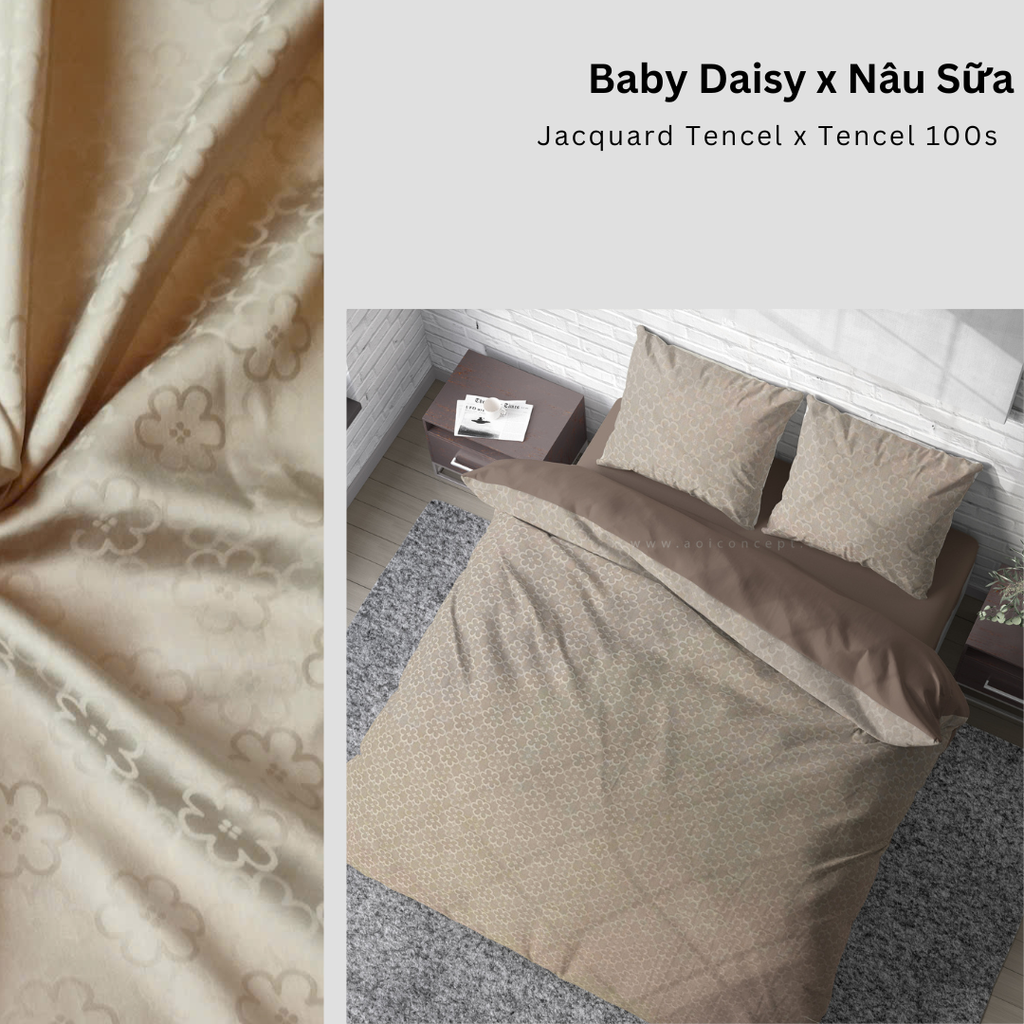 Bộ chăn ga gối | Tencel dệt kim | 5 món | 160x200cm, 180x200cm, 200x220cm | Baby Daisy x Nâu Sữa | Mềm mại, Kháng khuẩn, Thấm hút | CGDK0004 | À Ơi Concept