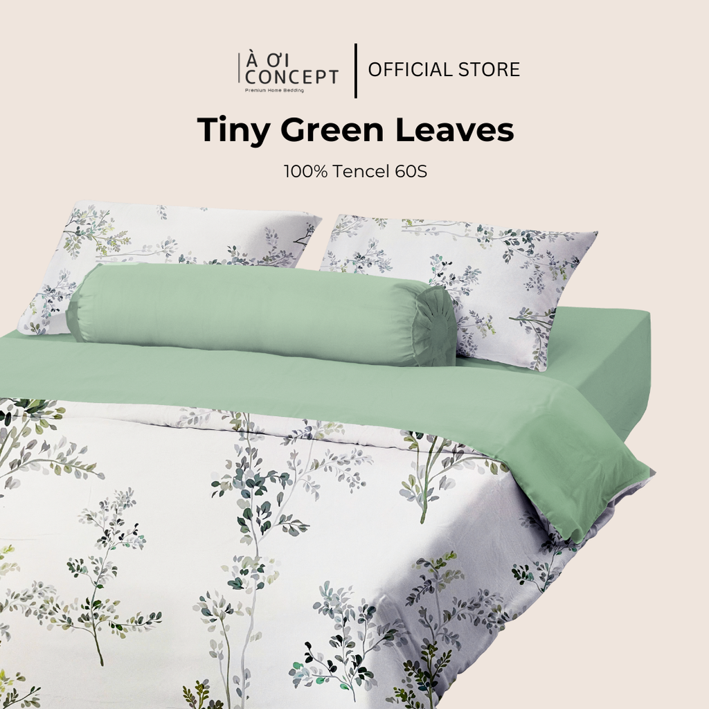 Bộ chăn ga gối Tencel hoạ tiết | 5 món | 160x200cm, 180x200cm, 200x220cm | Tiny Green Leaves | Mát lạnh, Mềm mịn, Trơn mướt | CGTC0038 | À Ơi Concept