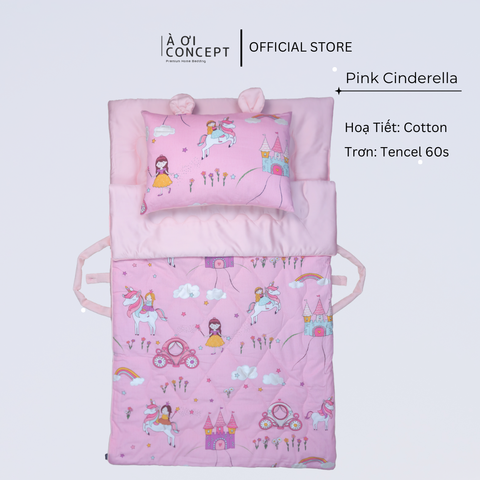  Bộ chăn gối nệm cho bé Tencel 60s, Họa tiết Cotton [ Pink Cinderella] 