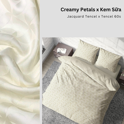  Bộ chăn ga gối | Tencel dệt kim | 5 món | 160x200cm, 180x200cm, 200x220cm | Cream Petals x Kem Sữa | Mềm mại, Kháng khuẩn, Thấm hút | CGDK0007 | À Ơi Concept 