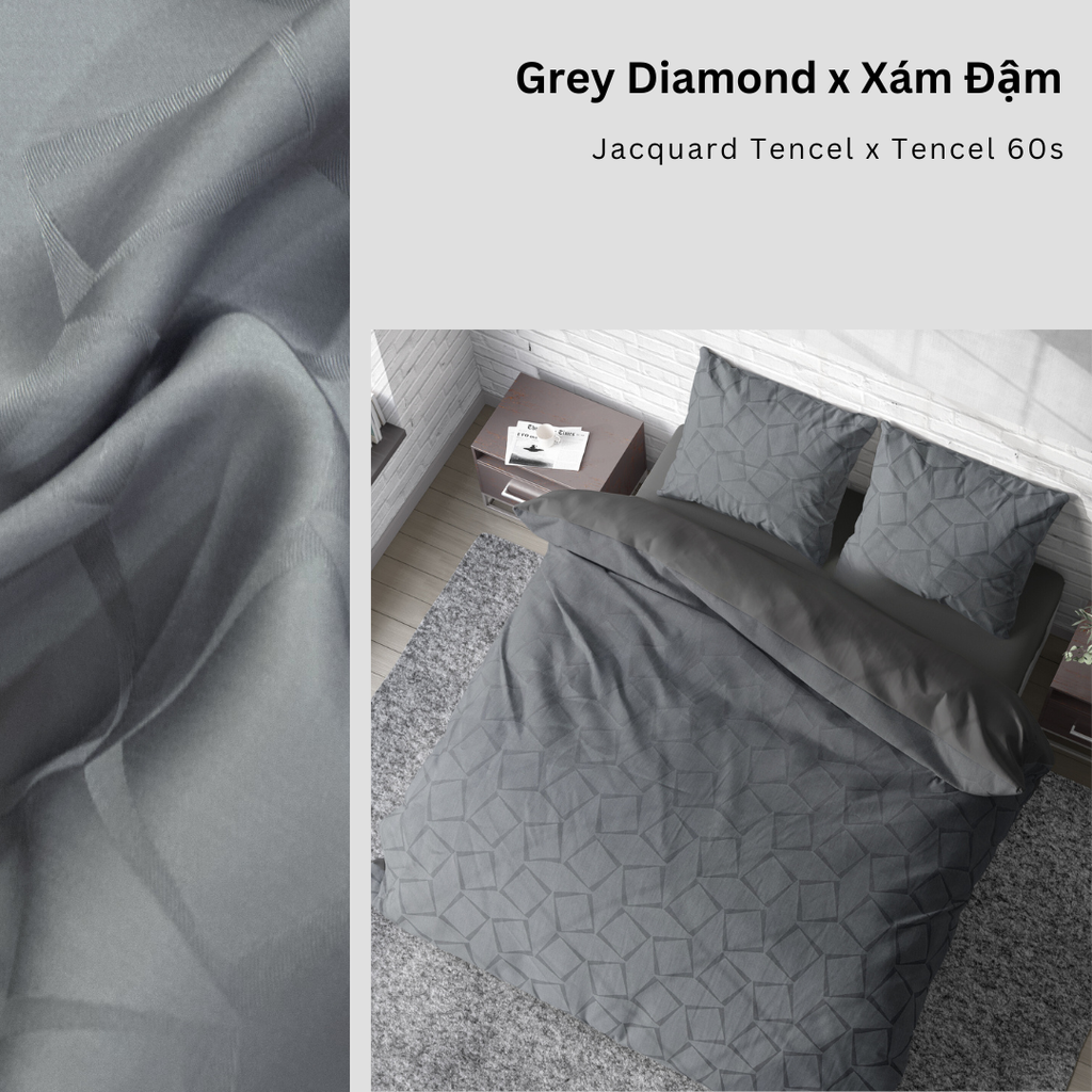 Bộ chăn ga gối | Tencel dệt kim | 5 món | 160x200cm, 180x200cm, 200x220cm | Grey Diamond x Xám Đậm | Mềm mại, Kháng khuẩn, Thấm hút | CGDK0011 | À Ơi Concept