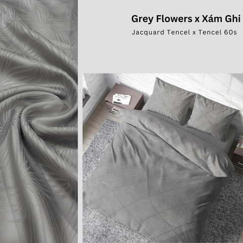  Bộ chăn ga gối | Tencel dệt kim | 5 món | 160x200cm, 180x200cm, 200x220cm | Grey Flowers x Xám Ghi | Mềm mại, Kháng khuẩn, Thấm hút | CGDK0013 | À Ơi Concept 