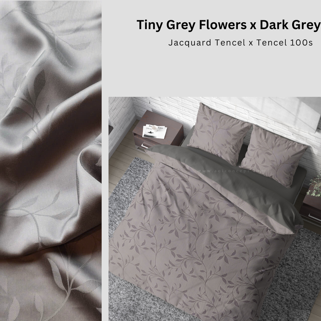 Bộ chăn ga gối | Tencel dệt kim | 5 món | 160x200cm, 180x200cm, 200x220cm | Tiny Grey Flowers x Dark Grey | Mềm mại, Kháng khuẩn, Thấm hút | CGDK0017 | À Ơi Concept