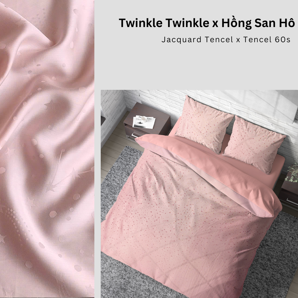 Bộ chăn ga gối | Tencel dệt kim | 5 món | 160x200cm, 180x200cm, 200x220cm | Twinkle Twinkle x Hồng San Hô | Mềm mại, Kháng khuẩn, Thấm hút | CGDK0021 | À Ơi Concept