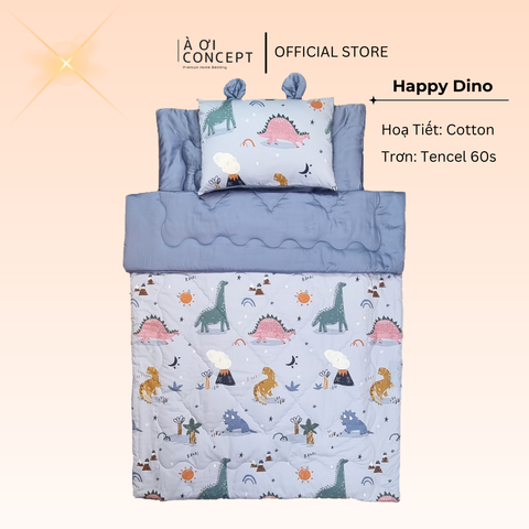  Bộ chăn gối nệm cho bé ( Mền lớn) Tencel 60s, Họa tiết Cotton [ ML Happy Dino] 